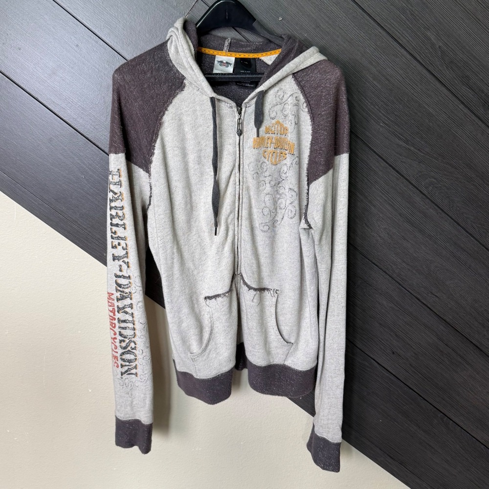 Harley Davidson Men's Full Zip Hooded Sweatshirt Tan Brown Graphic 2XL Biker